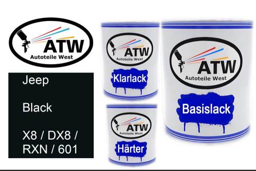 Jeep, Black, X8 / DX8 / RXN / 601: 1L Lackdose + 1L Klarlack + 500ml Härter - Set, von ATW Autoteile West.